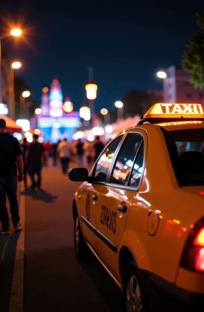 Un taxi amarillo estacionado en una calle de noche, iluminado por farolas. Gente caminando al fondo.