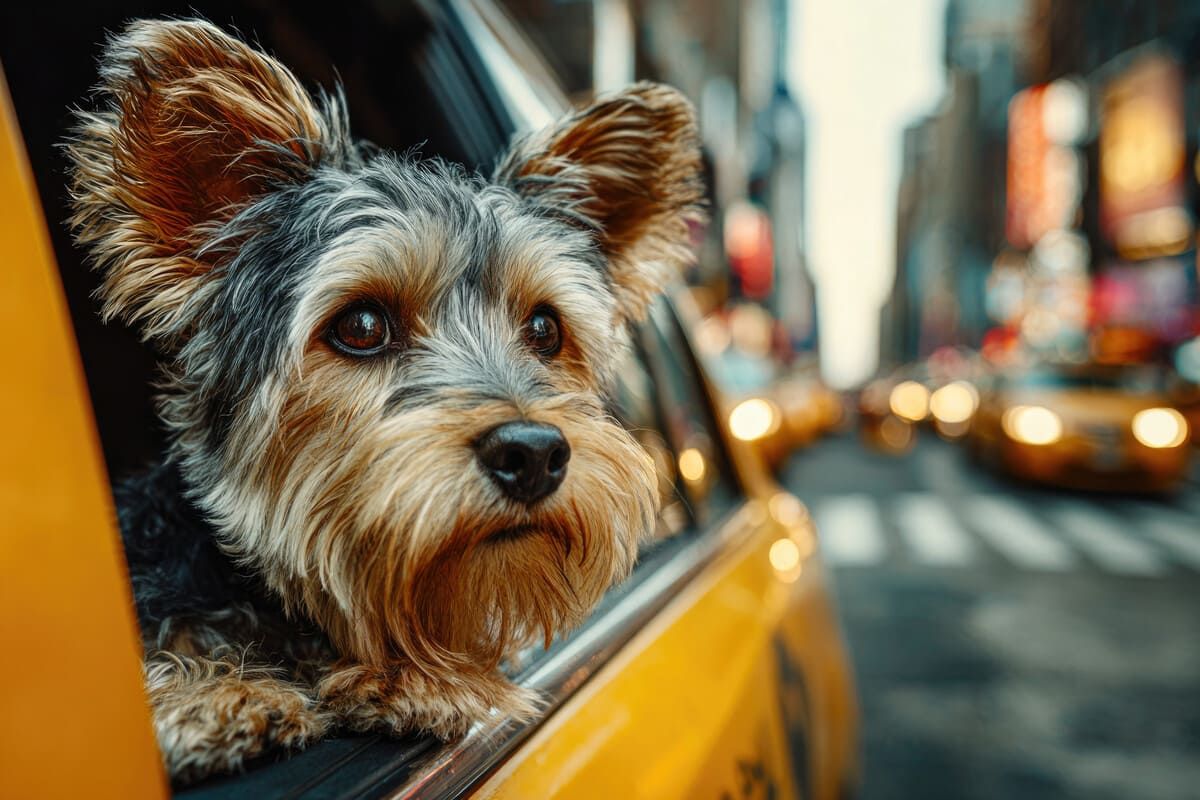 Yorkshire Terrier mira por la ventana de un taxi en una concurrida calle de la ciudad con taxis amarillos.