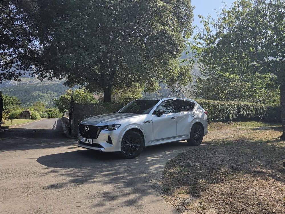 Un SUV blanco estacionado al borde de un camino de grava bajo grandes árboles en una zona rural soleada.