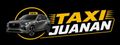 Logotipo de Taxi Juananan con un coche negro y texto en negrita amarillo y blanco sobre fondo negro.