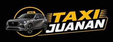 Logotipo de Taxi Juananan con un coche negro y texto en negrita amarillo y blanco sobre fondo negro.