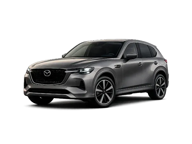 SUV Mazda gris sobre fondo blanco, vista frontal de tres cuartos.
