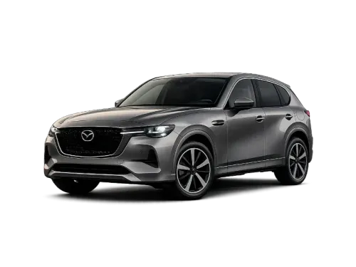 SUV Mazda gris sobre fondo blanco, vista frontal de tres cuartos.