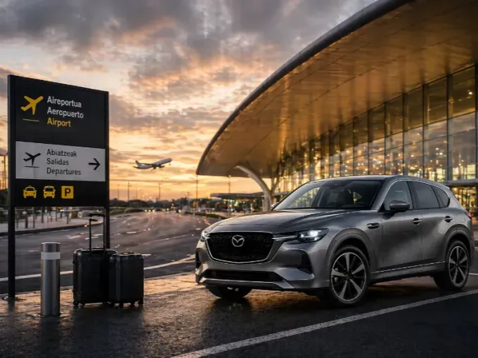 Un SUV gris en una terminal de aeropuerto al atardecer, junto a un letrero y carritos de equipaje.