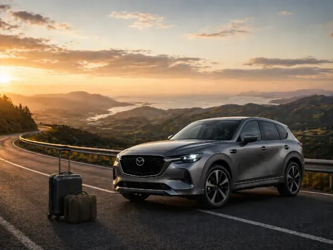 Un SUV plateado con equipaje estacionado en una carretera de montaña al atardecer, con vistas a un valle.