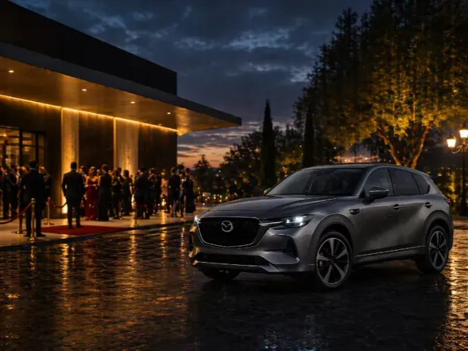 Un SUV gris oscuro estacionado en una calle mojada por la noche, frente a un edificio cálidamente iluminado.