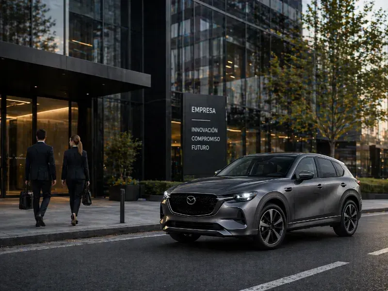 Dos peatones caminan por una acera de la ciudad junto a un SUV gris estacionado frente a un moderno edificio de cristal.