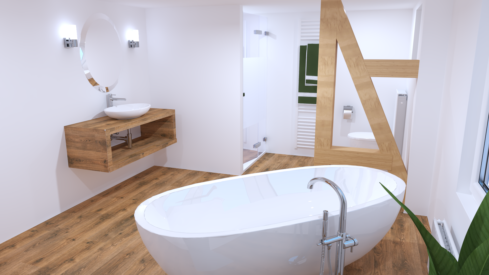 Ein Badezimmer mit großer Badewanne und Waschbecken