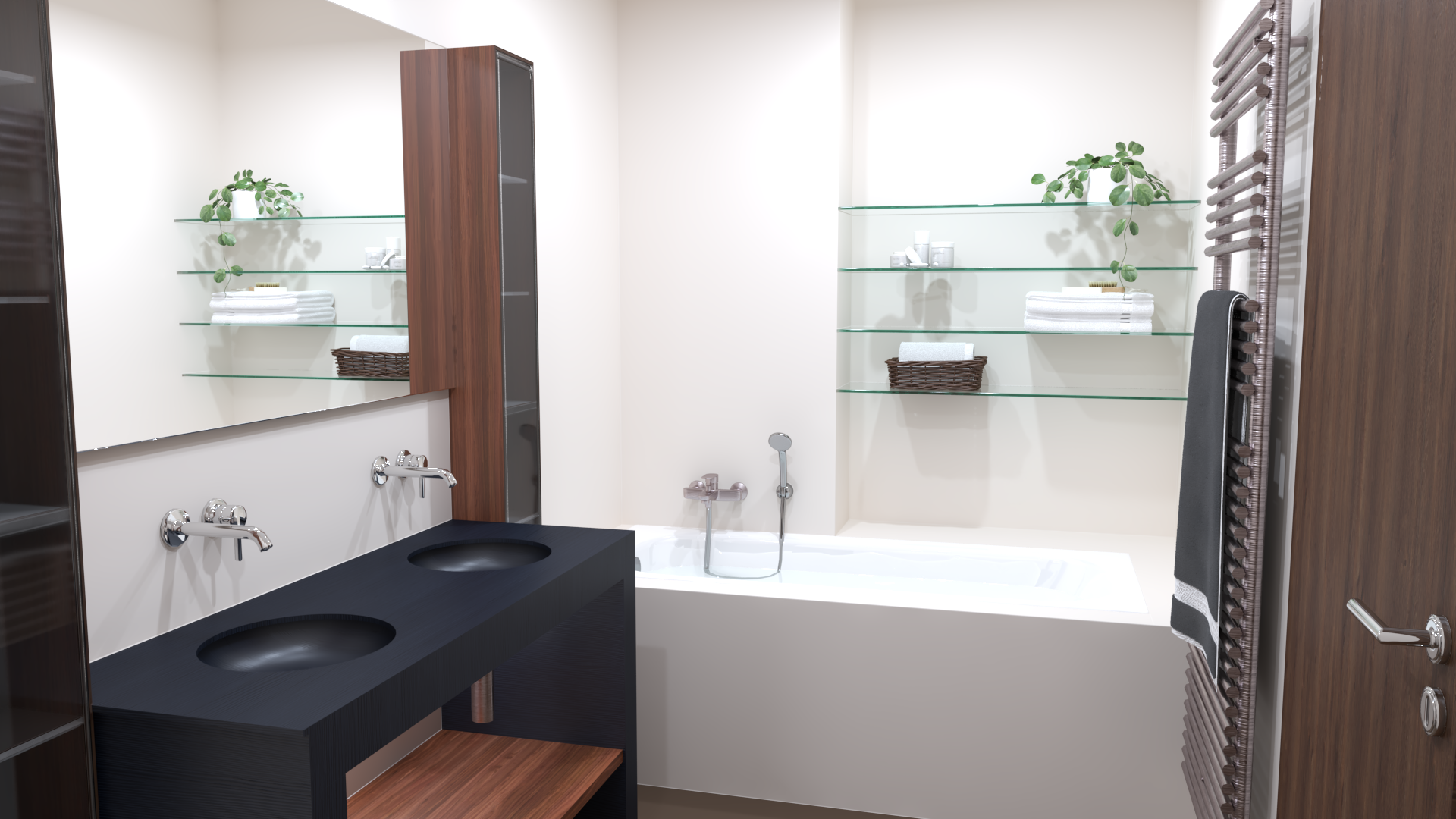 Ein Badezimmer mit zwei Waschbecken und einer Badewanne