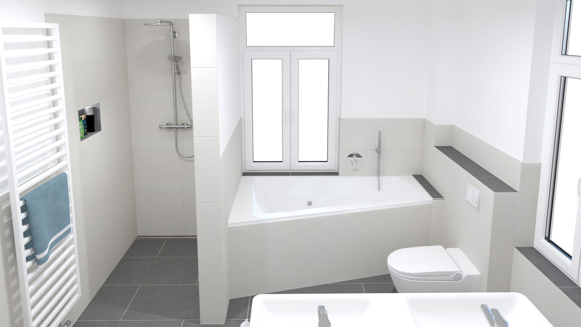 Ein Badezimmer mit Badewanne, Toilette, Waschbecken und Dusche.