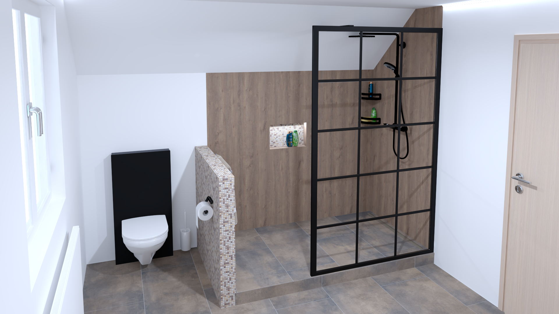 Ein Badezimmer mit Toilette und ebenerdiger Dusche