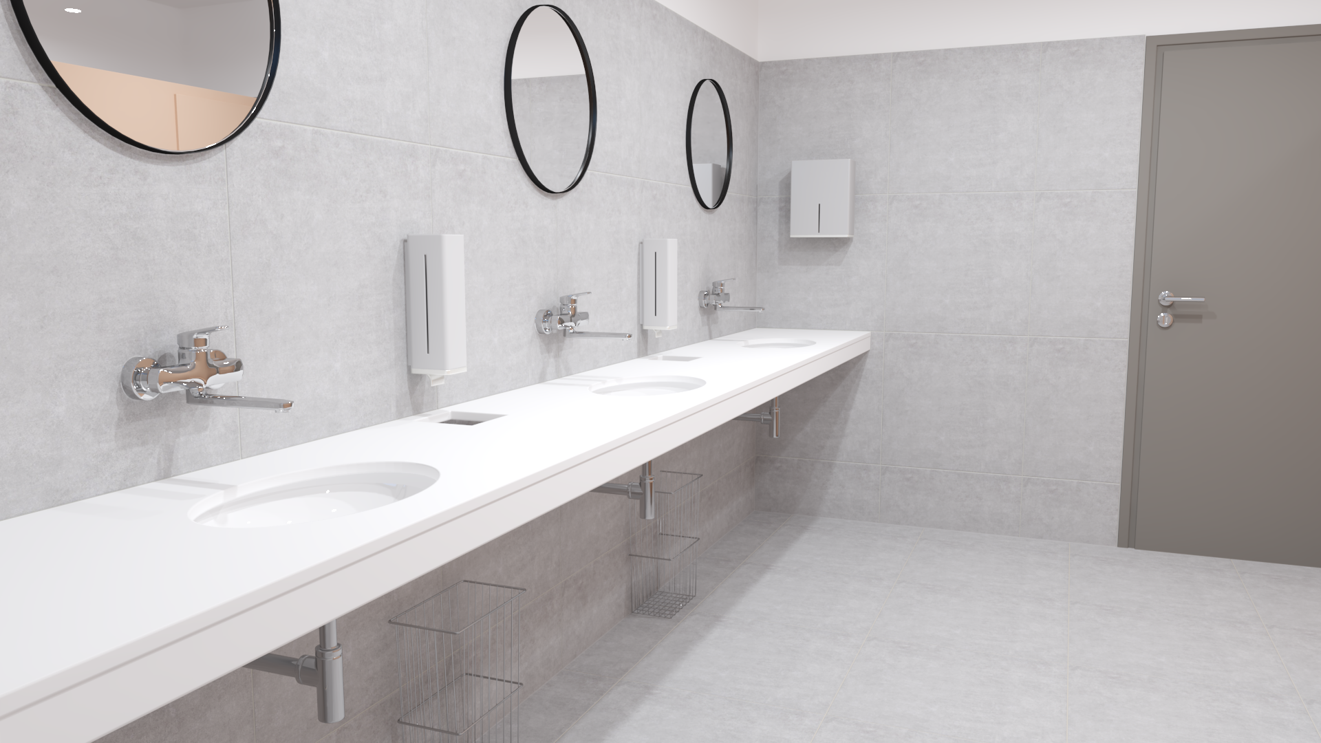 Ein Badezimmer mit einer Reihe von Waschbecken und Spiegeln