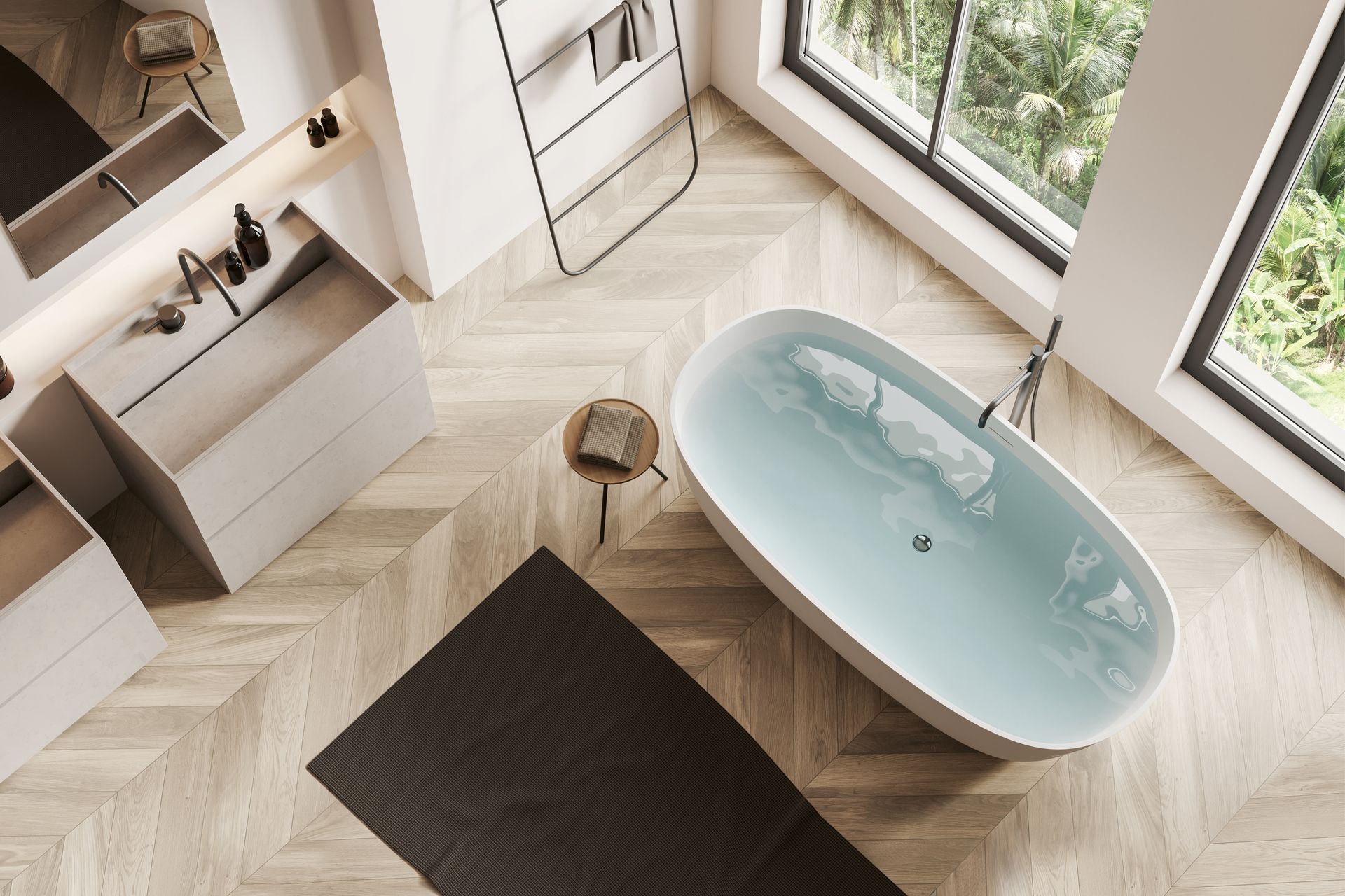 Eine Luftaufnahme eines Badezimmers mit Badewanne und Fenster