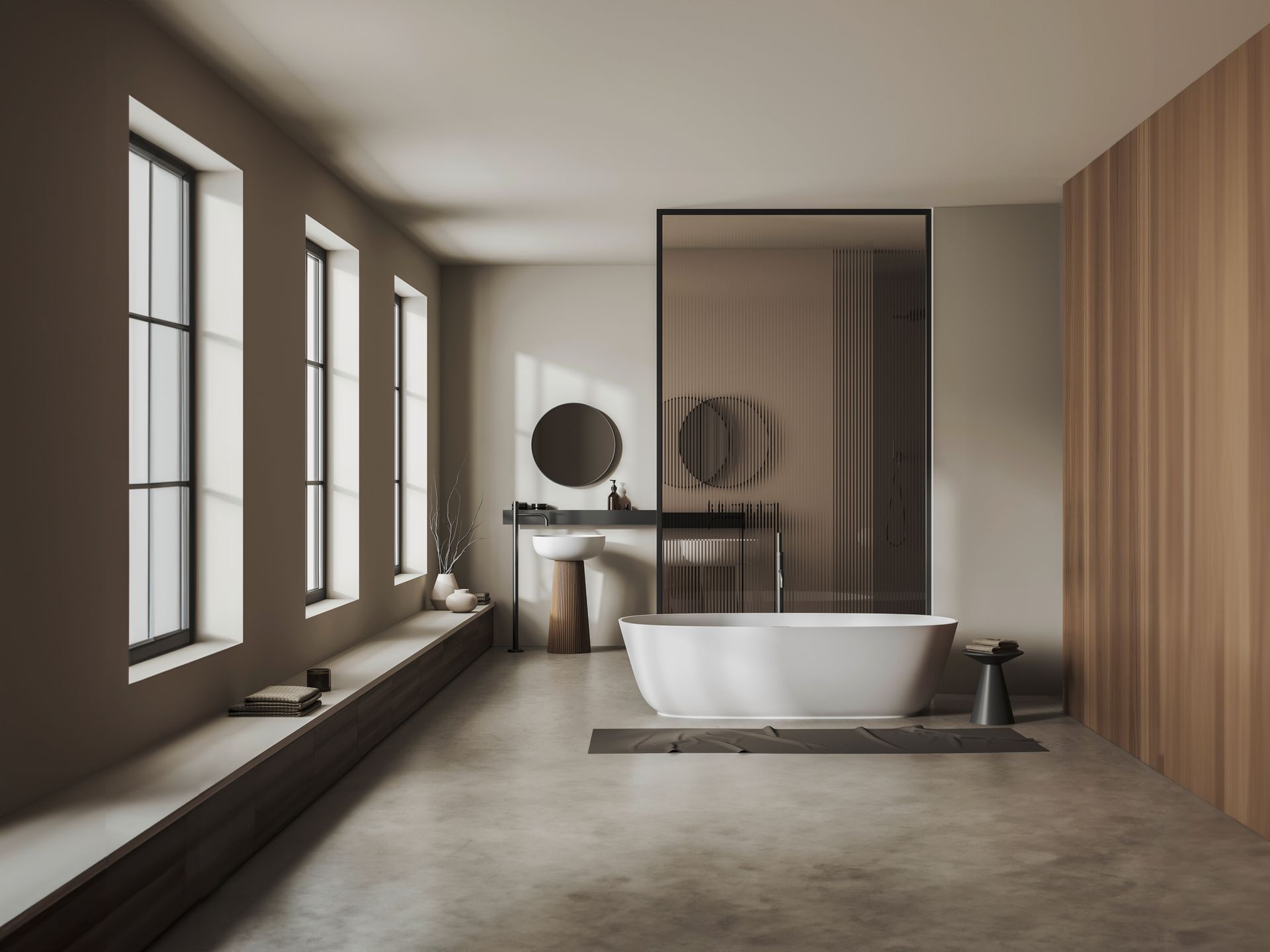 Ein Badezimmer mit Badewanne, Waschbecken, Spiegel und Fenster.