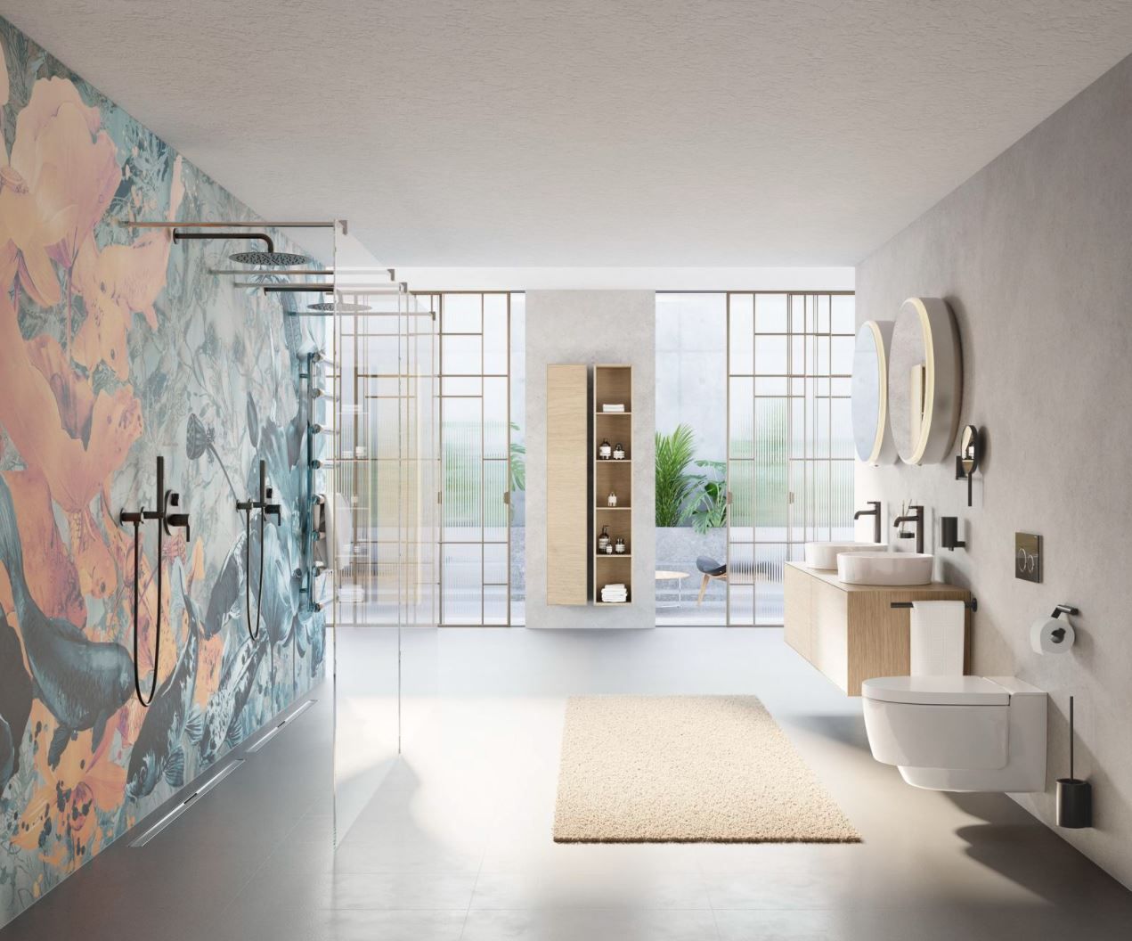 Ein Badezimmer mit zwei Waschbecken und einer Toilette