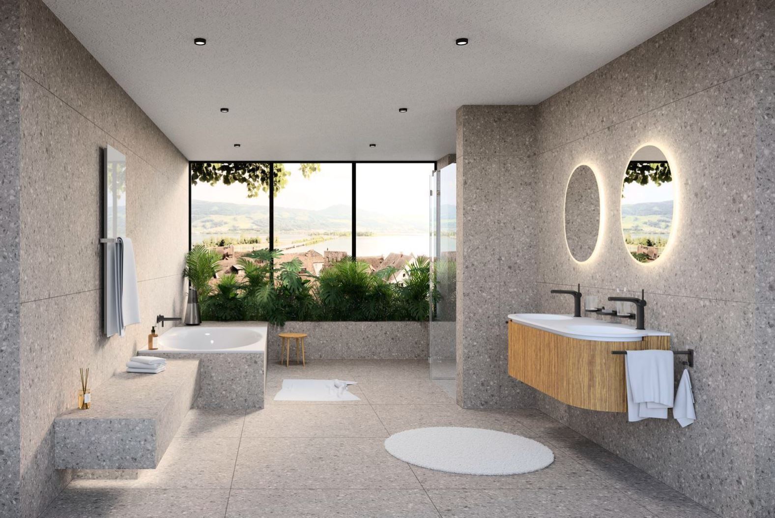 Ein Badezimmer mit zwei Waschbecken und einem großen Fenster