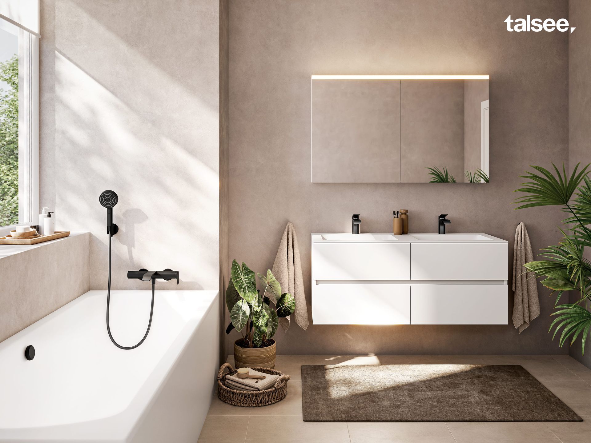 Ein Badezimmer mit Badewanne, Waschbecken und Spiegel