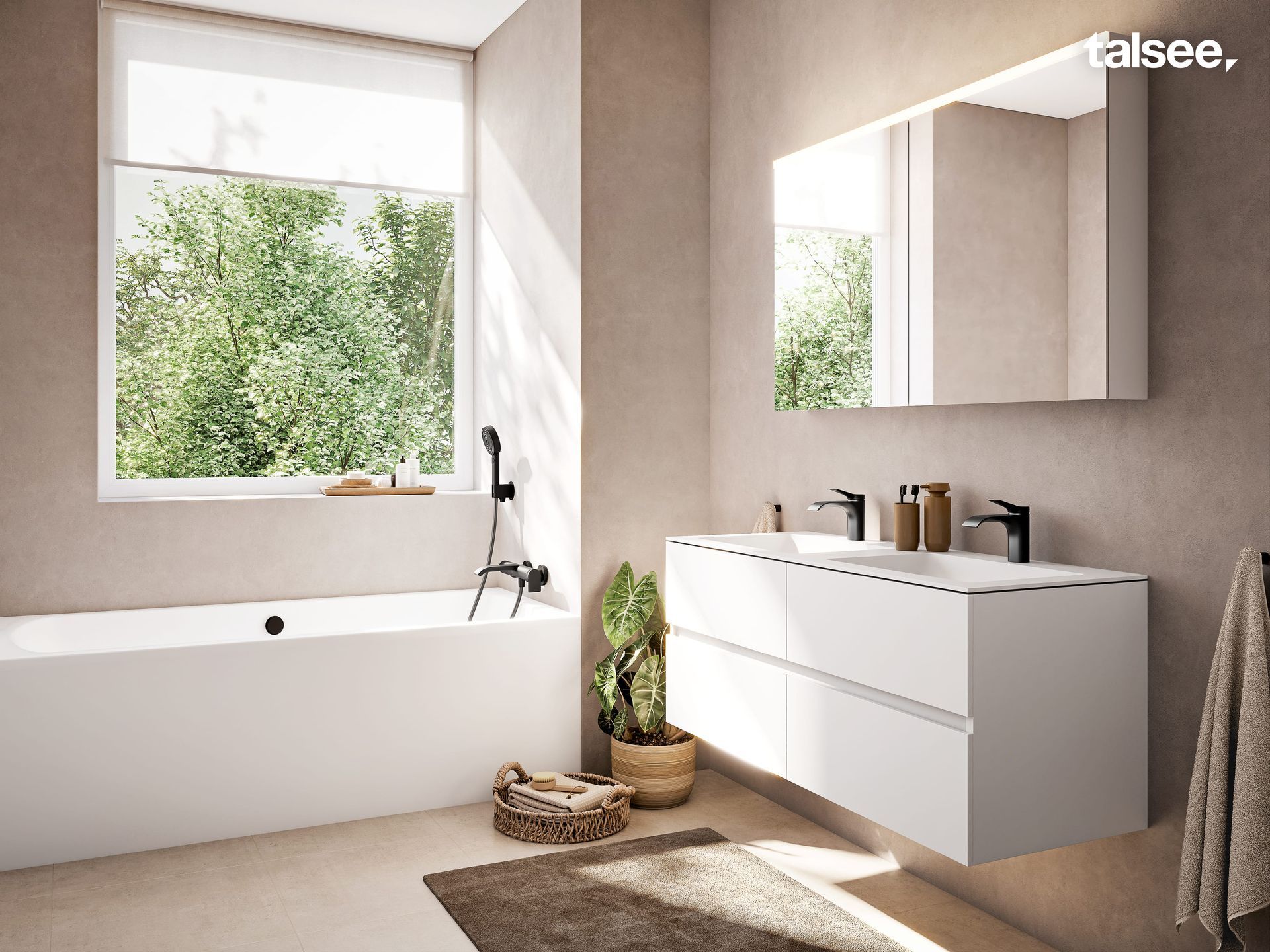 Ein Badezimmer mit Badewanne und zwei Waschbecken