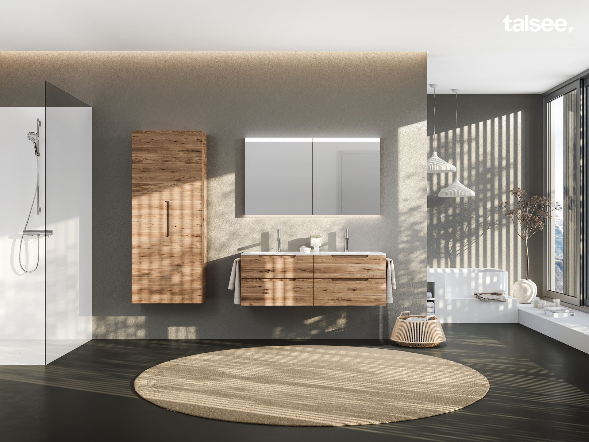 Ein Badezimmer mit Waschbecken, Spiegel und Teppich