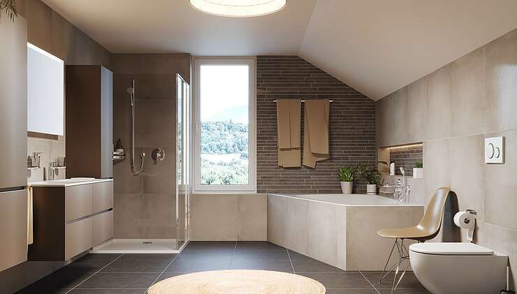 Ein Badezimmer mit Badewanne, Toilette, Waschbecken und Dusche.