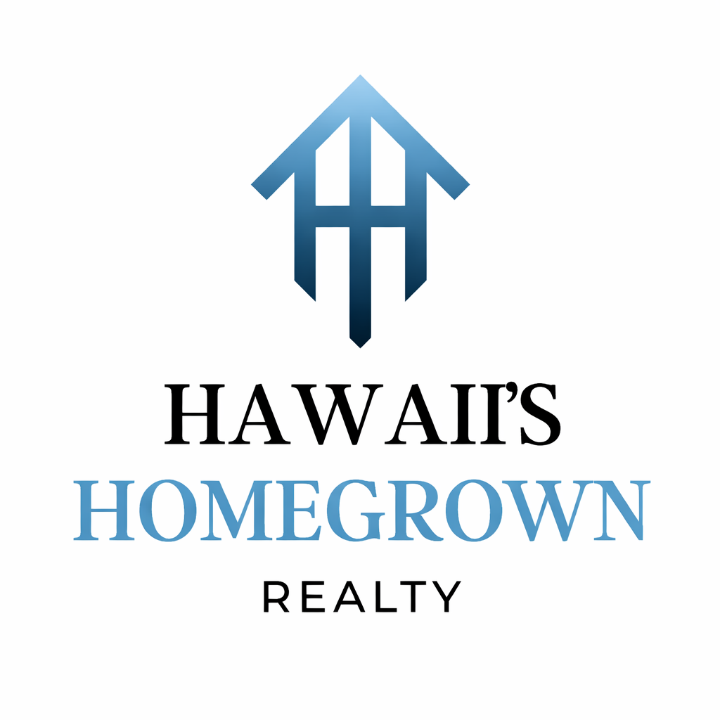 Logo for Hawaii's Homegrown Realty, featuring a blue house icon above the company name in black and blue text.