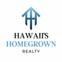 Logo for Hawaii's Homegrown Realty, featuring a blue house icon above the company name in black and blue text.