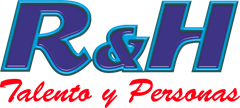 Un logotipo con el texto morado "R&H" encima del texto rojo en cursiva "Talento y Personas".