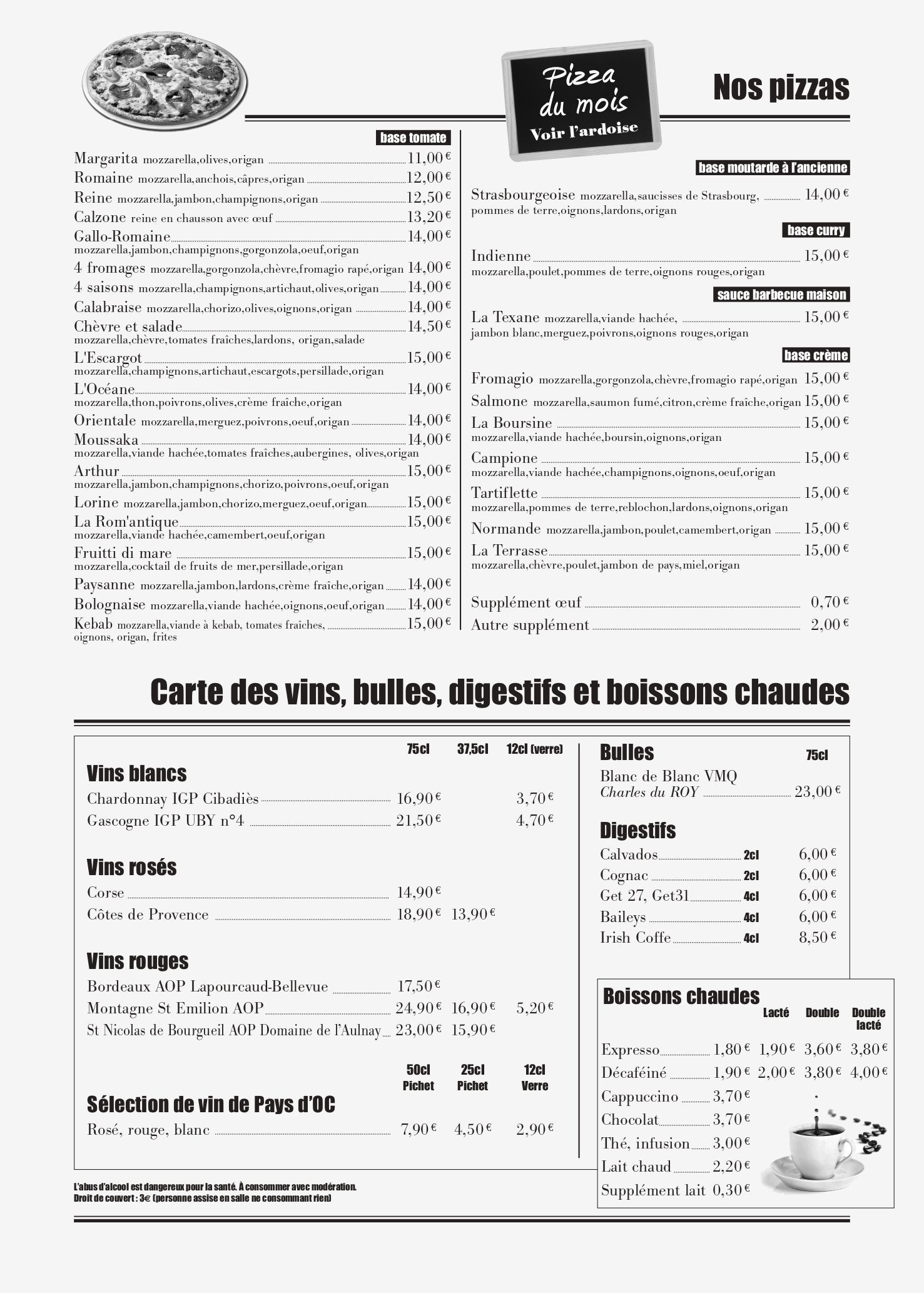Carte du restaurant, bar et brassserie La Terasse 