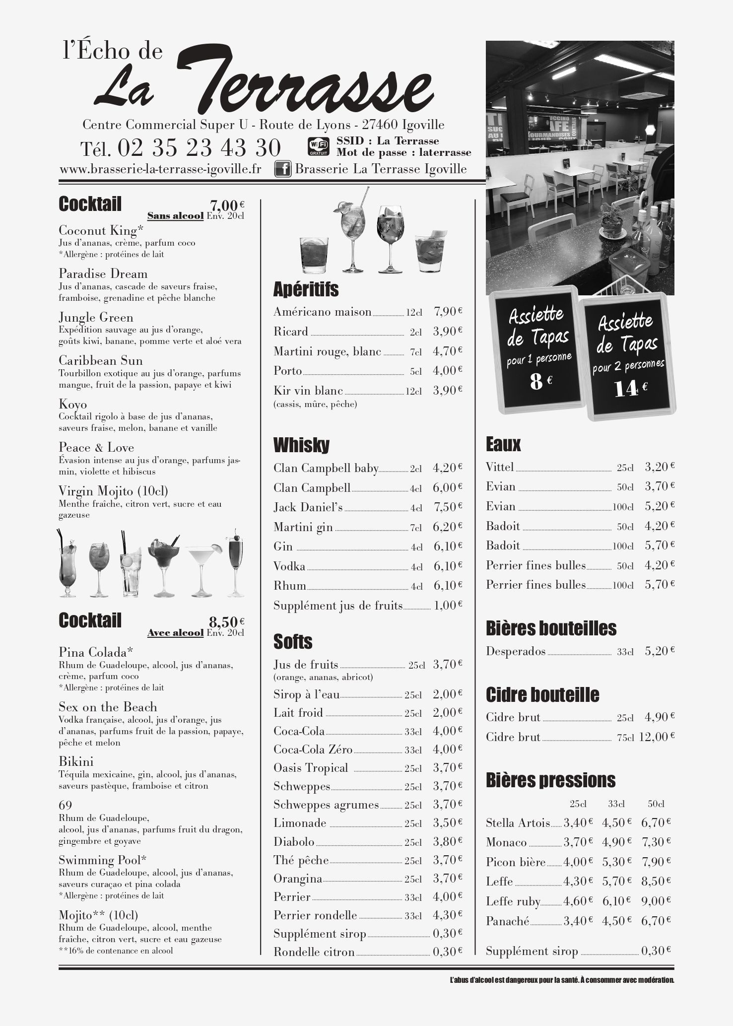 Carte du restaurant la Terrasse, bar et brasserie à terasse dans la ville de Igoville