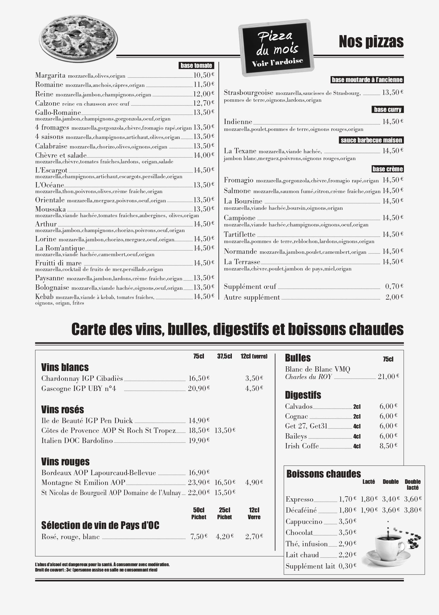 Carte du restaurant, bar et brassserie La Terasse