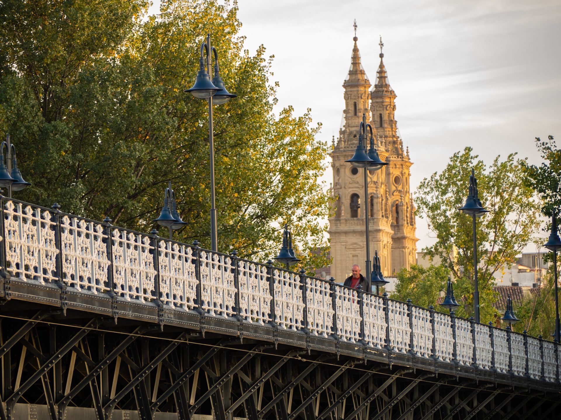 En primer plano se aprecia la barandilla blanca y ornamentada de un puente