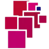 Un diseño abstracto de cuadrados superpuestos en tonos rojos, rosas y morados sobre un fondo blanco.