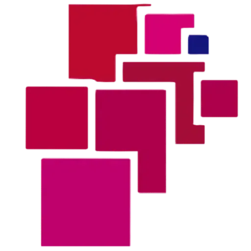 Un diseño abstracto de cuadrados superpuestos en tonos rojos, rosas y morados sobre un fondo blanco.