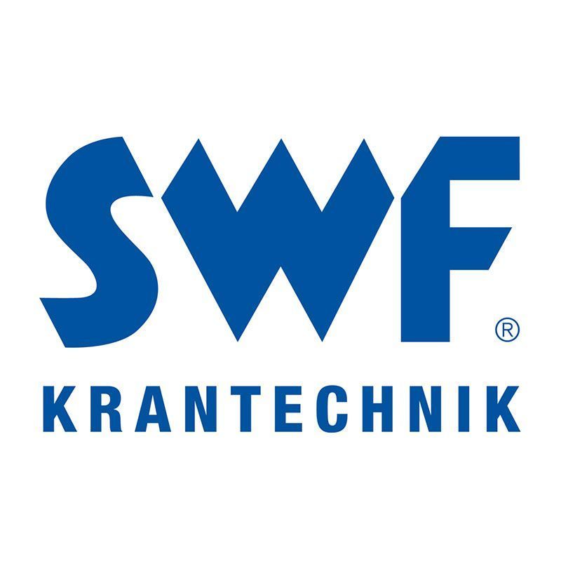 Un logotipo azul y blanco para SWF Krantechnik