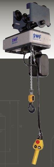 Una grúa con un control remoto acoplado cuelga del techo.