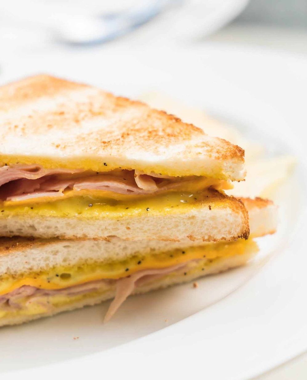Un primer plano de un sándwich en un plato blanco.