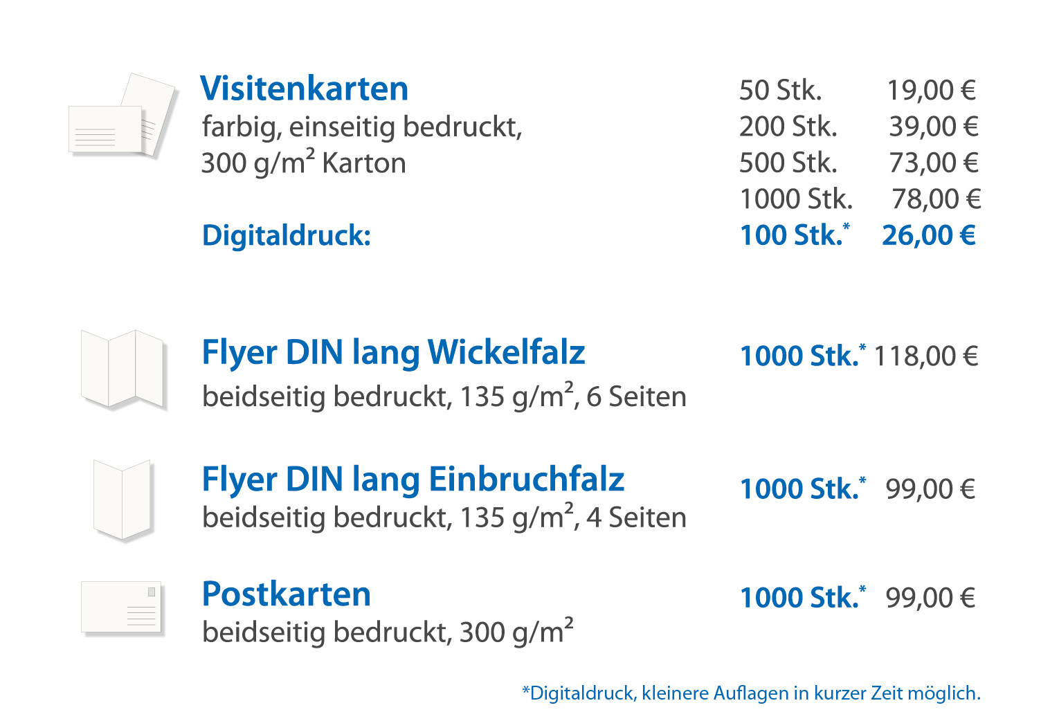 Wir setzen, gestalten und drucken Ihre Visitenkarten, Flyer und Postkarten. Auch im Offsetdruck möglich.