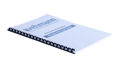Softcover, Plastringbindung, A4, schwarze Ringe.
