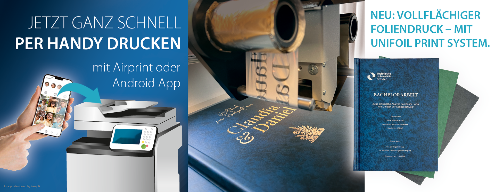 Jetzt ganz einfach direkt per Handy drucken. Mit Airprint oder Android App.
Neu: Digitaler Foliendruck