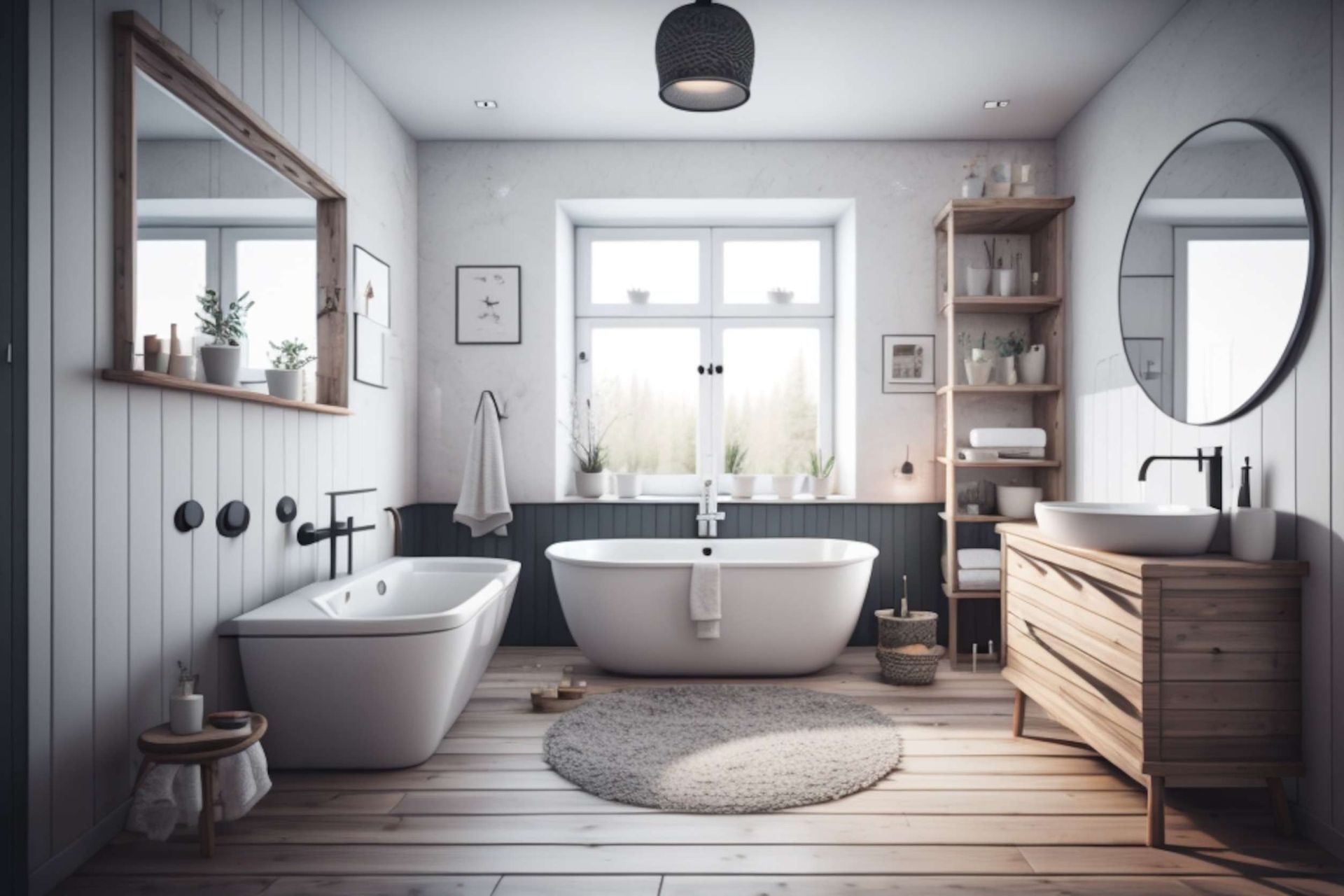 Acogedor baño con paredes blancas, bañera independiente, espejo redondo y detalles de madera.