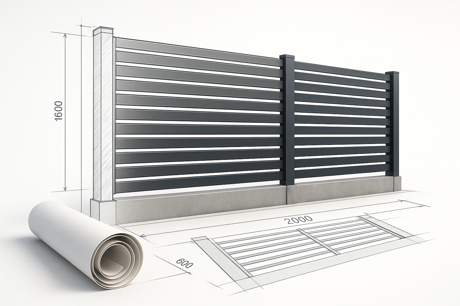 Zaundesign mit Bauplänen und gerolltem Papier. Dunkelgraue horizontale Latten, schwarze Pfosten und Betonsockel.