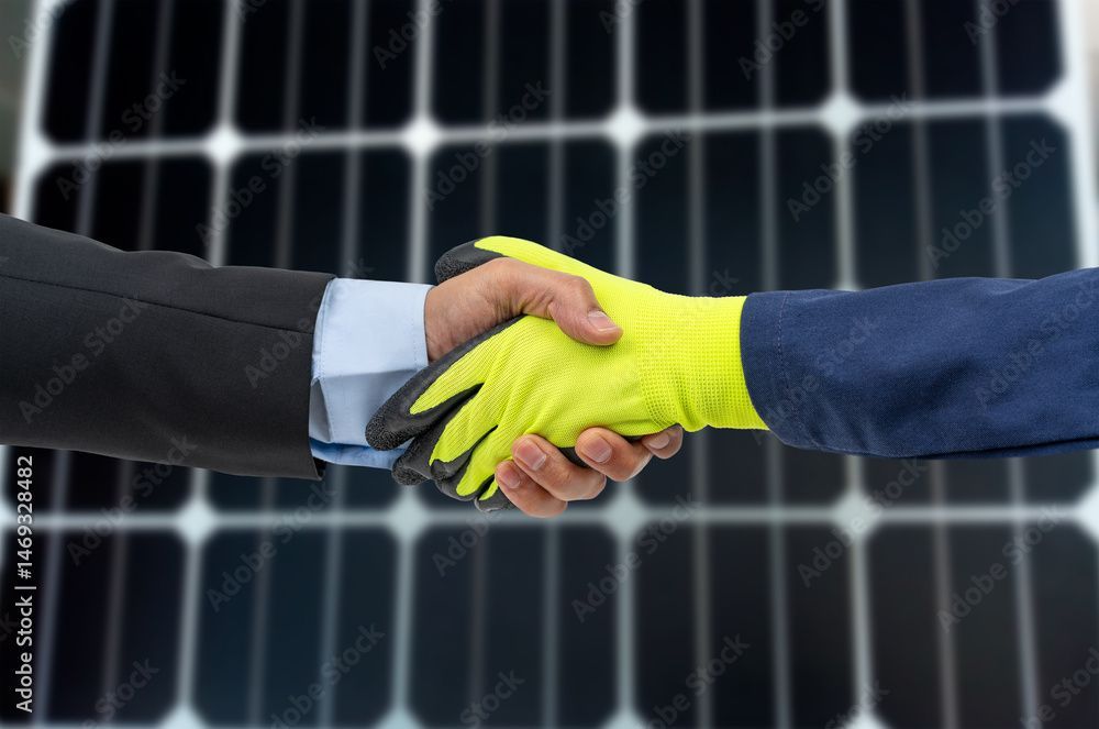Händedruck zwischen einer Person im Anzug und einem Arbeiter mit einem gelben Handschuh.