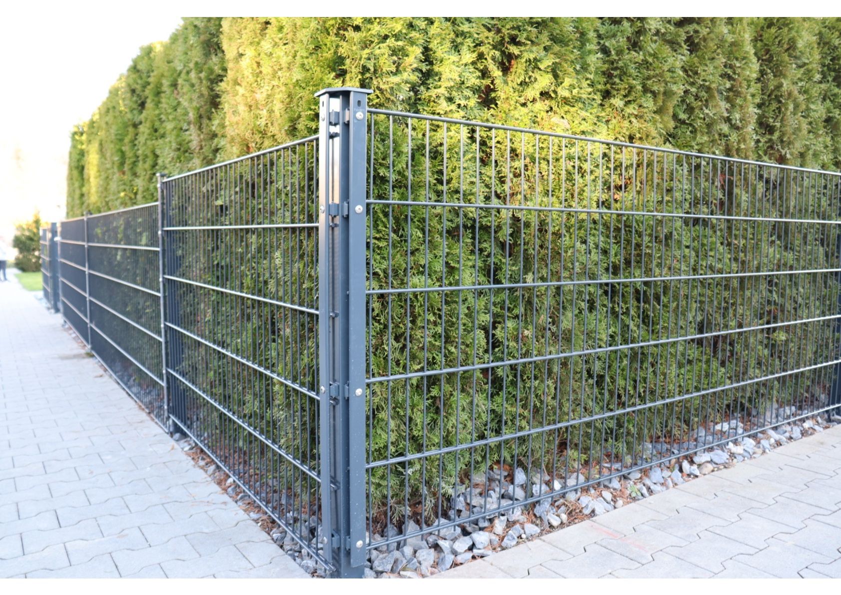 Metallzaun, der eine grüne Hecke begrenzt; Außenanlage.