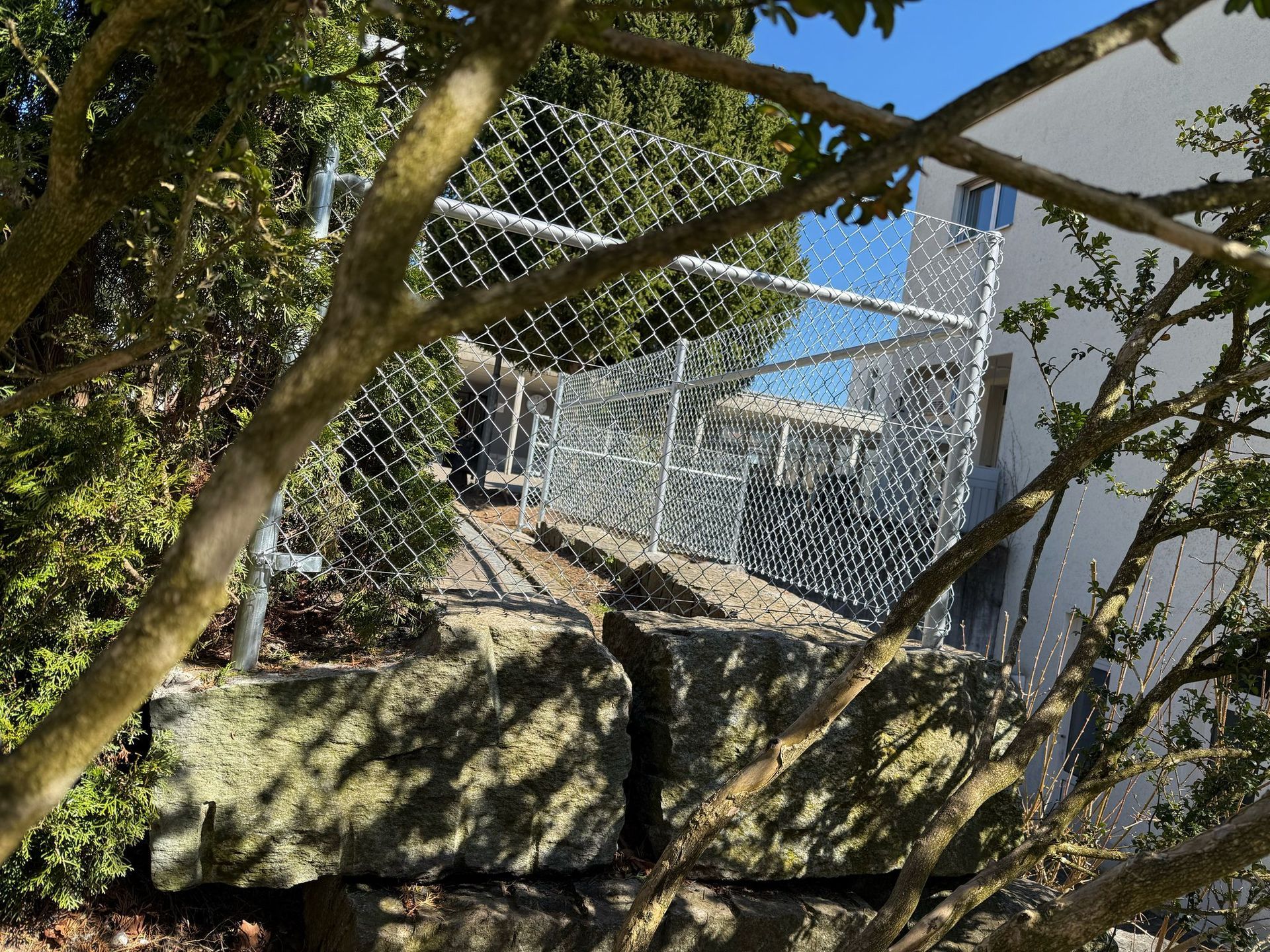 Maschendrahtzaun auf einer Steinmauer, hinter Ästen.