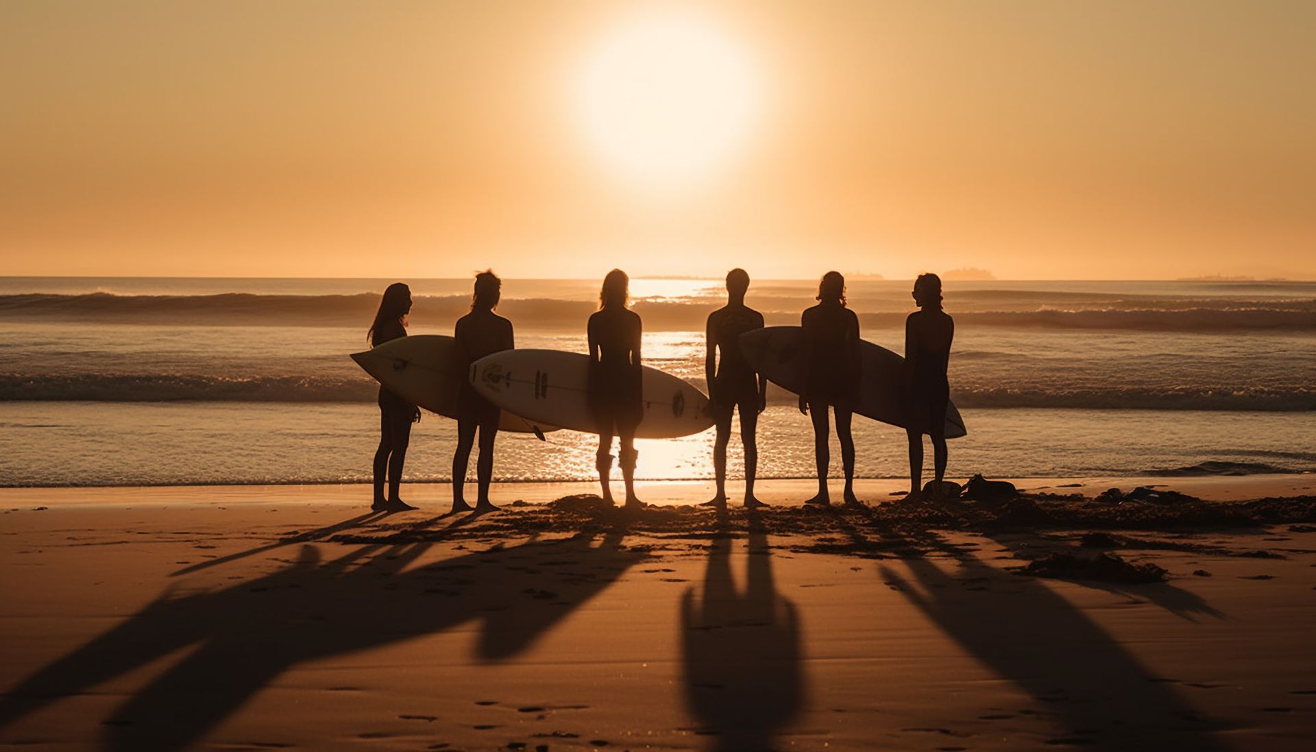 Un grupo de personas de pie en una playa sosteniendo tablas de surf al atardecer.