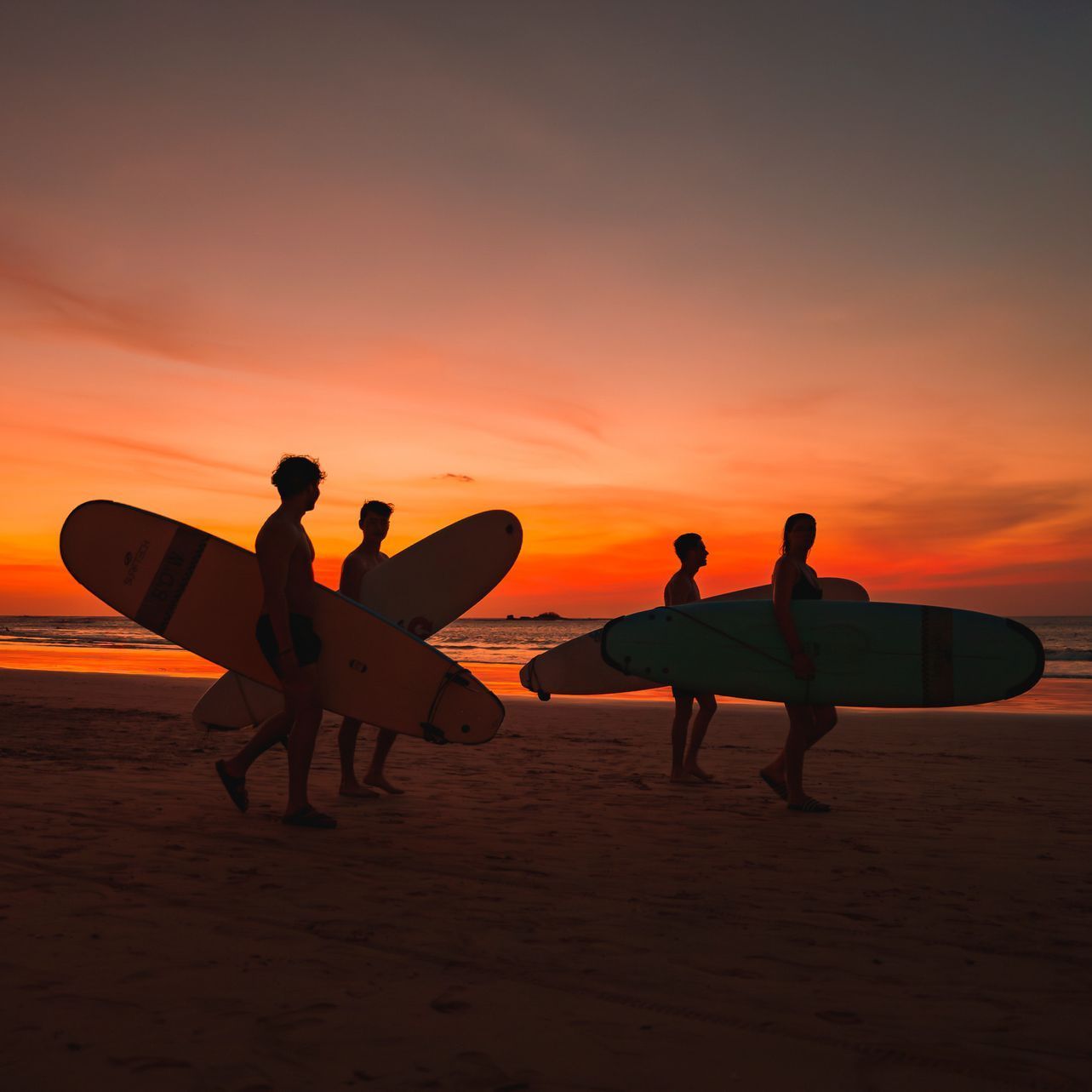 Un grupo de personas llevando tablas de surf en una playa al atardecer.