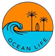 Un logotipo para la vida oceánica con una ola y palmeras.