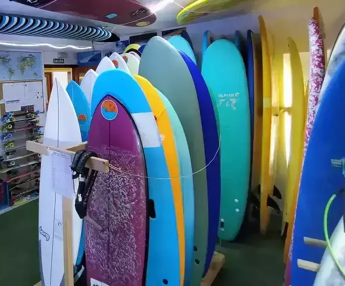 Un montón de tablas de surf están expuestas en una tienda.