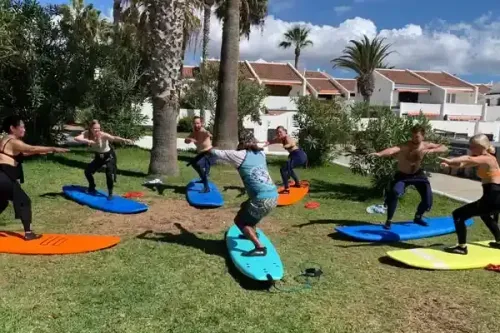 Un grupo de personas están de pie sobre tablas de surf en un parque.