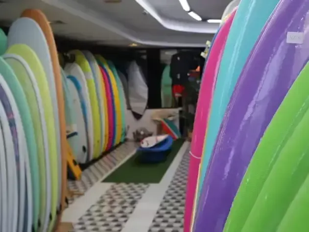 Un montón de tablas de surf están alineadas en una habitación.
